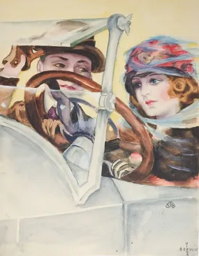 1920's Watercolor Painting Couple Driving Car