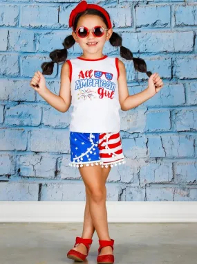 All American Girl Top And Pom Pom Short Set